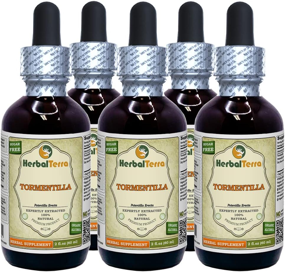 Tormentilla (Potentilla erecta) Tincture, Dried Roots Liquid Extract (Brand Name: HerbalTerra, Proudly Made in USA) 2x4 fl.oz (2x120 ml)