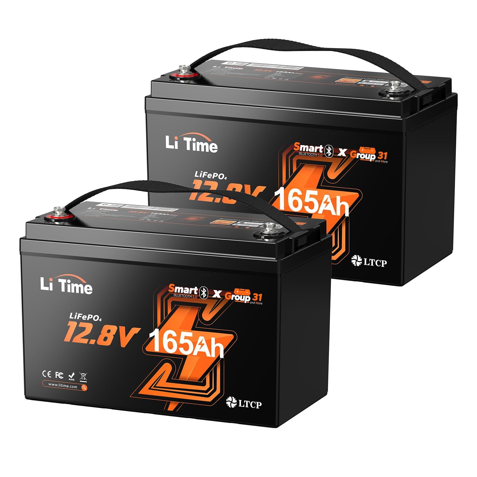 Litime 12V 165Ah Group 31 LiFePO4 Lithium Battery for RV Marine Boat(2Pack)