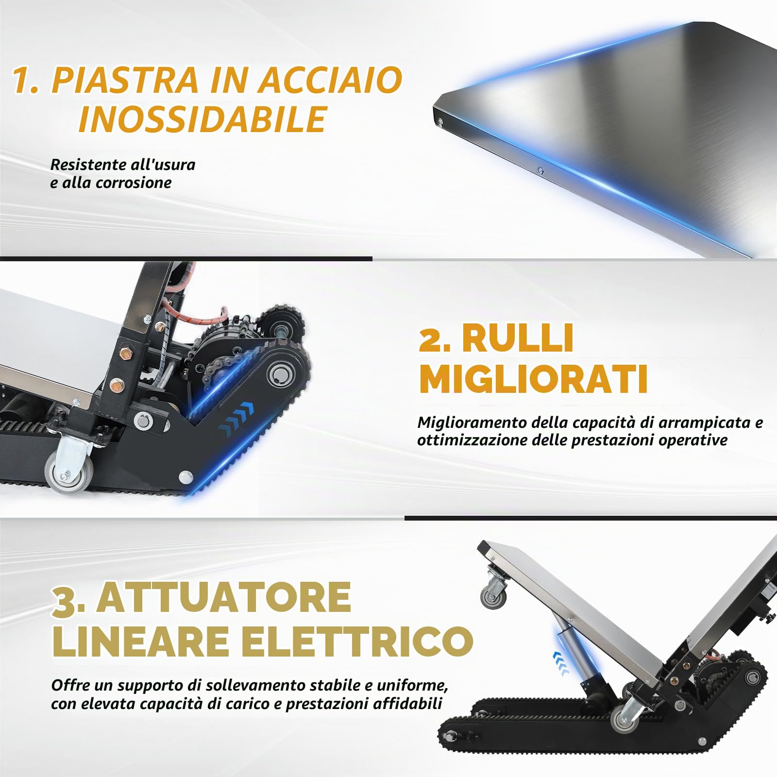 Carrello saliscale elettrico da 1200 W con catene migliorate e ripiano regolabile in altezza, batteria al litio, fino a 400 kg con corda di sicurezza, saliscale per carichi pesanti per magazzino e