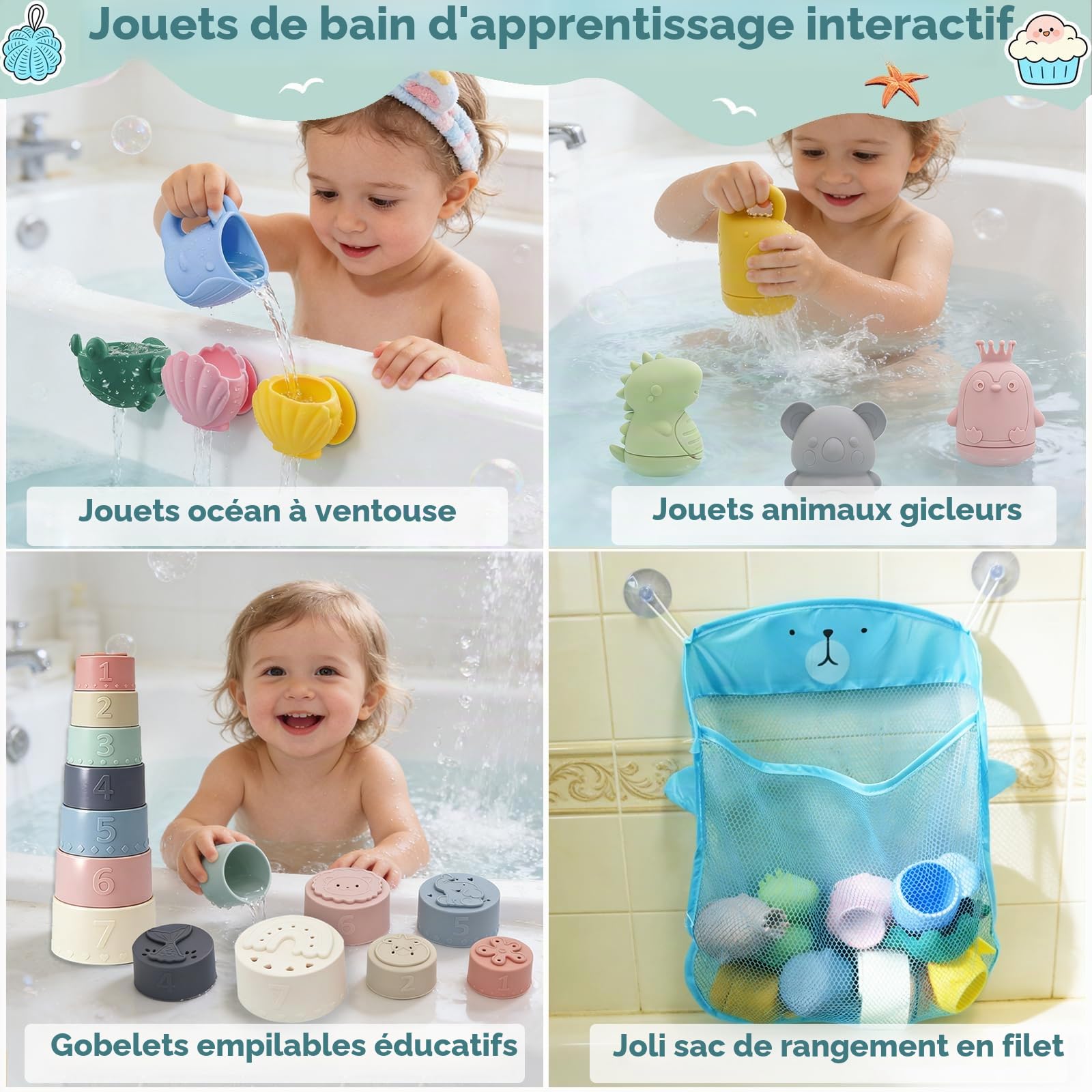 Jouets de Bain Bébé Silicone 0+ Ans,Set Silicone Alimentaire, Gobelets Empilables Sensoriels, Animaux Aspergeurs à Ventouse, Jeux de Bain Jouets de Douche de Bébé Jouet Piscine Jouets Flottants