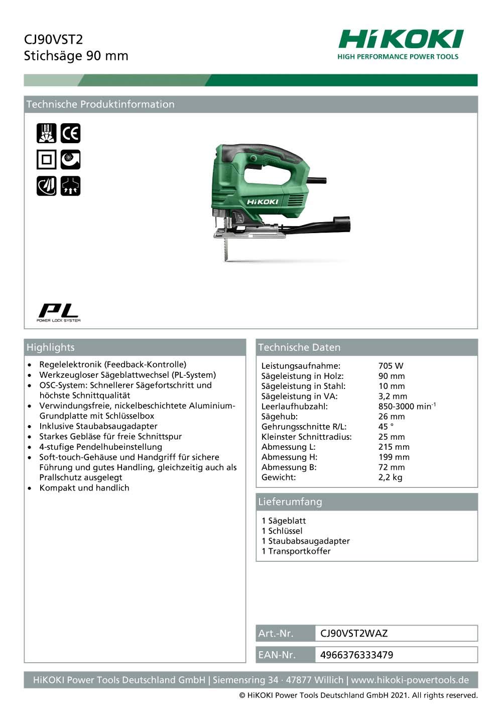 HIKOKI CJ90VST2WAZ - Sierra de calar 705W 800-3500 rpm 2,1 Kg con maletin