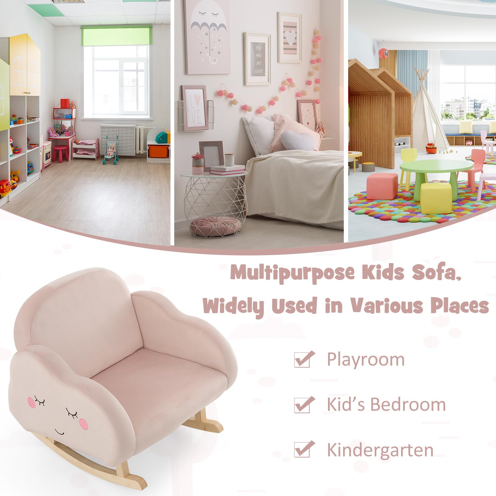 GOPLUS Fauteuil à Bascule Enfant, Fauteuil Rembourré en Éponge avec Pieds en Bois Massif & Patins Antidérapants, Chaise à Bascule en Velours avec Accoudoirs, Cadeau pour Enfants 3-5 Ans, Rose