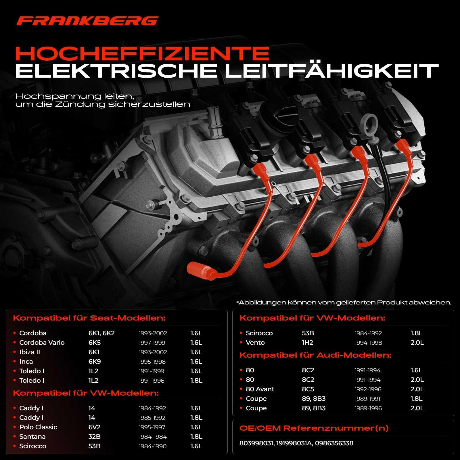 Frankberg 5x Zündleitungssatz Zündkabel Kompatibel mit Golf I Cabriolet 155 1984-1993 J.e.t.t.a II 1984-1992 P.a.s.s.a.t 1984-1996 P.a.s.s.a.t 35I 3A2 1.6L 1.8L 1988-1996 Polo Classic 1995-1997