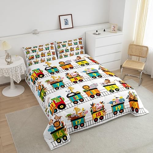 Miniatura 3 de Erosebridal Juego de edredón de animales del zoológico tamaño individual para niños pequeños, juego de ropa de cama de tren de dibujos animados,