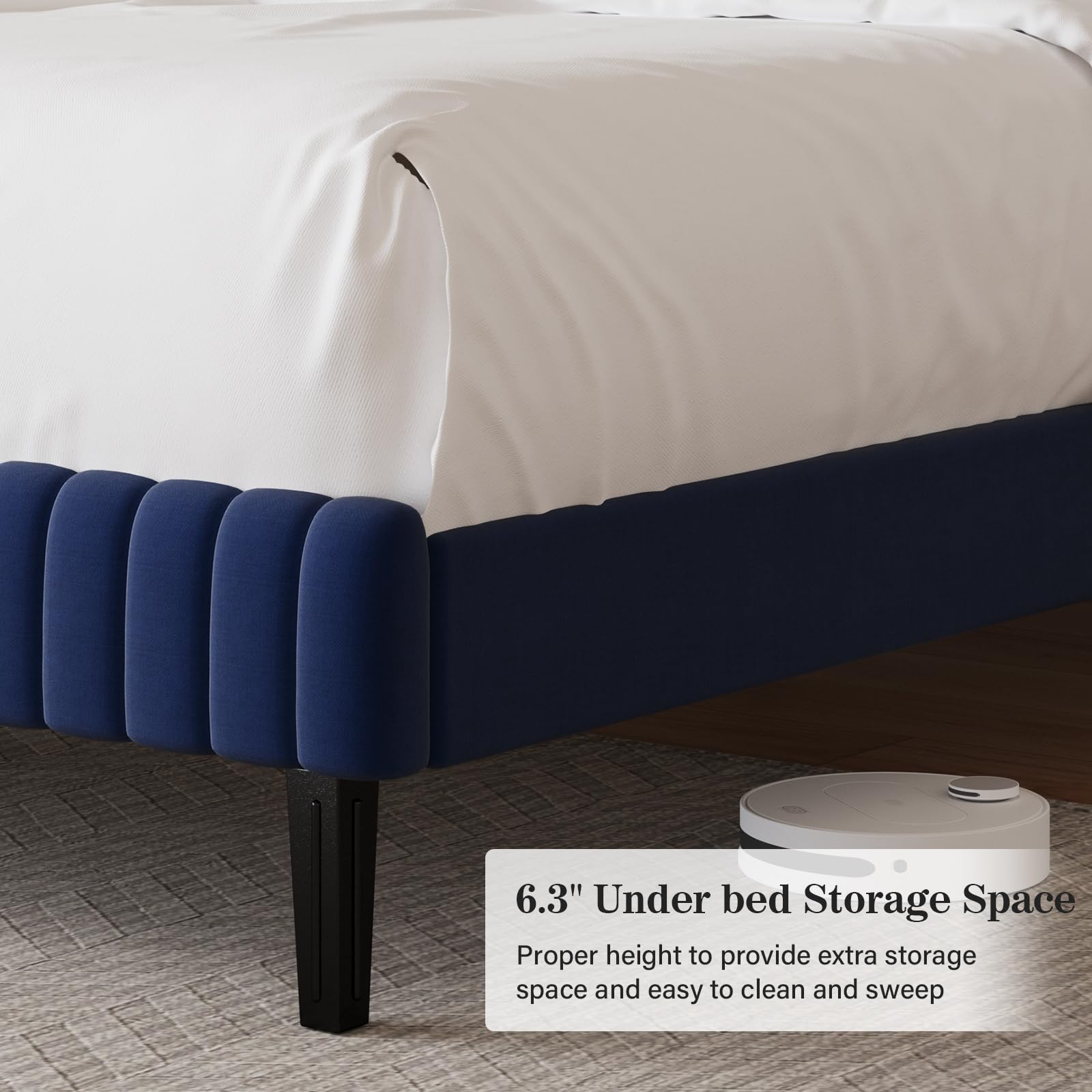 King Size Bed Frame and Headboard, Velvet Upholstered Platform Bed with Vertical Channel Tufted Headboard and Footboard, No Box Spring Required, Easy Assembly, Blue: Twin Blue