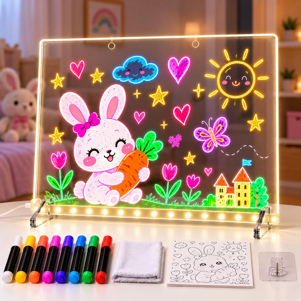 Lavagna LED da Disegno per Bambini, 35 × 25 cm Lavagna Luminosa con 12 Effetti di Luce, 8 Pennarelli Colorati & Libro di Modelli, Lavagna Neon Cancellabile da Tavolo o Parete, Regalo Bambini & Ragazzi