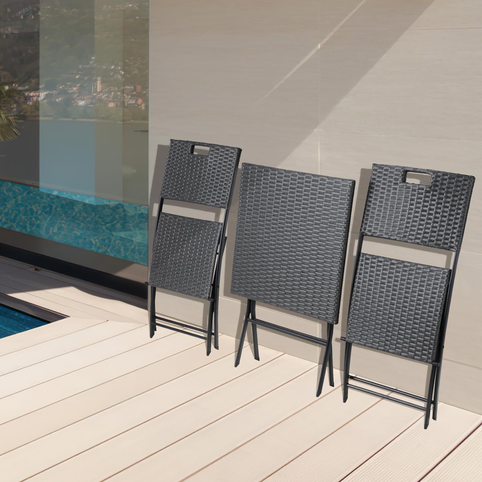 Ensemble de Meubles de Balcon 3 pièces Pliable en Rotin Gris, 2 Chaises et 1 Table, pour Terrasse et Jardin
