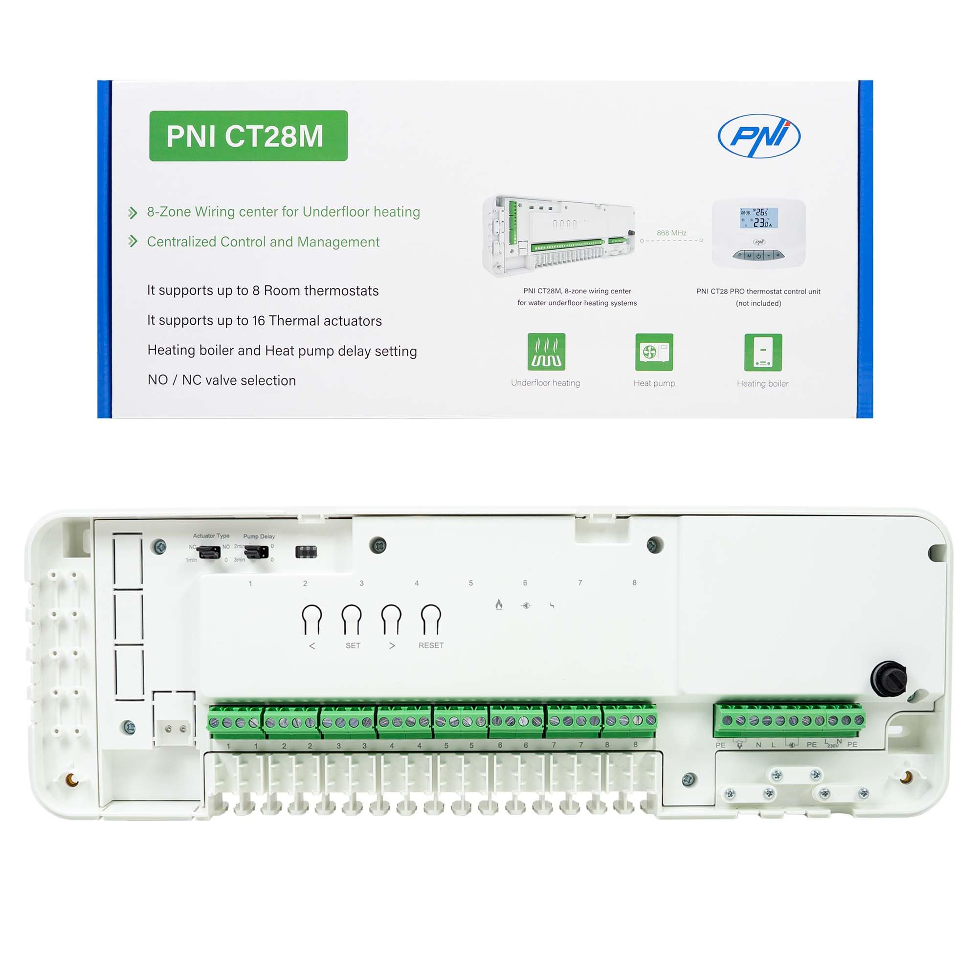 PNI Módulo de Control CT28M con 8 Zonas, para válvulas solenoides, actuadores térmicos para calefacción por Suelo Radiante