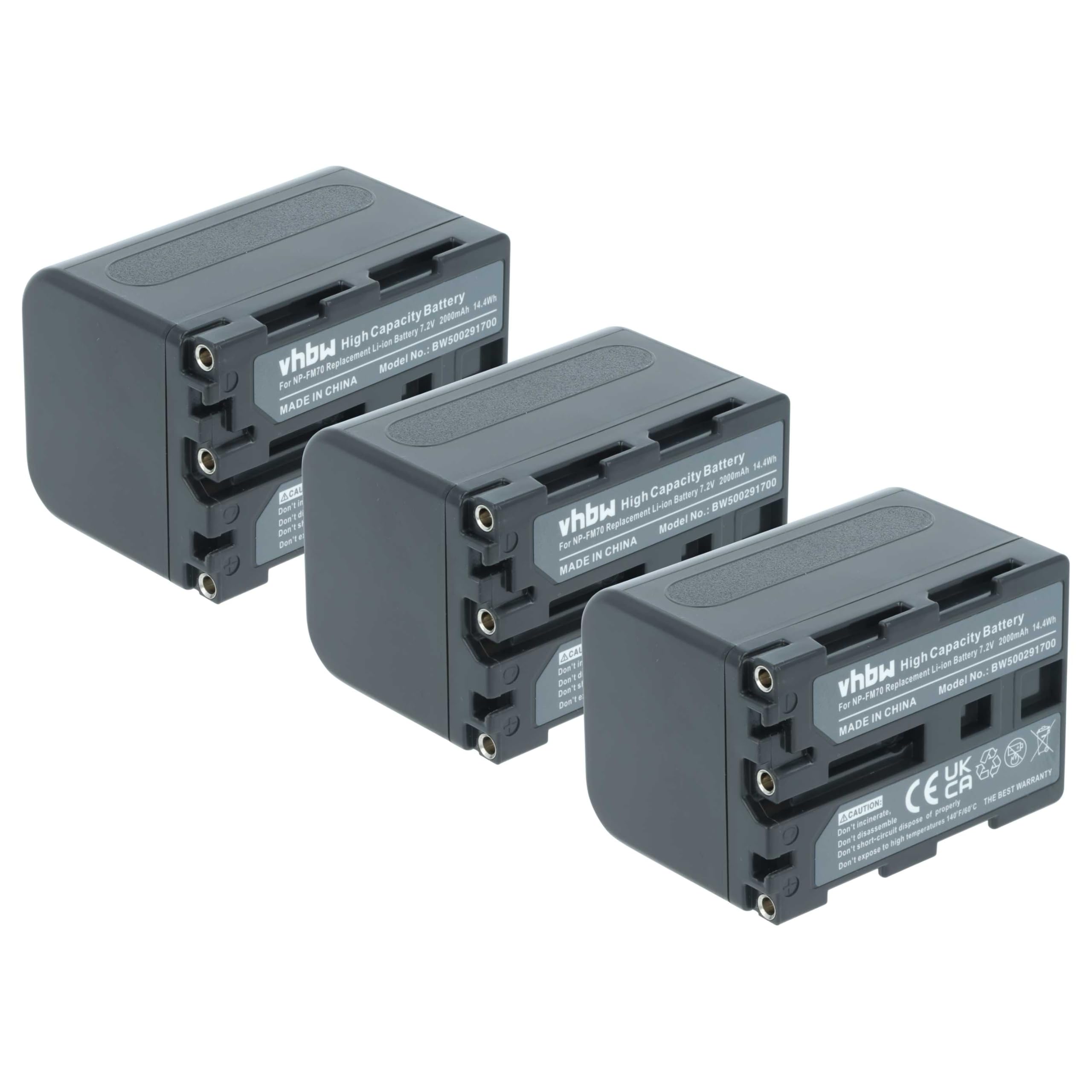 vhbw 3x batteria sostituisce Sony NP-FM30, NP-FM50, NP-FM70, NP-FM90, NP-FM91, NP-QM51 per videocamera camcorder (2000mAh, 7,2V, Li-Ion)