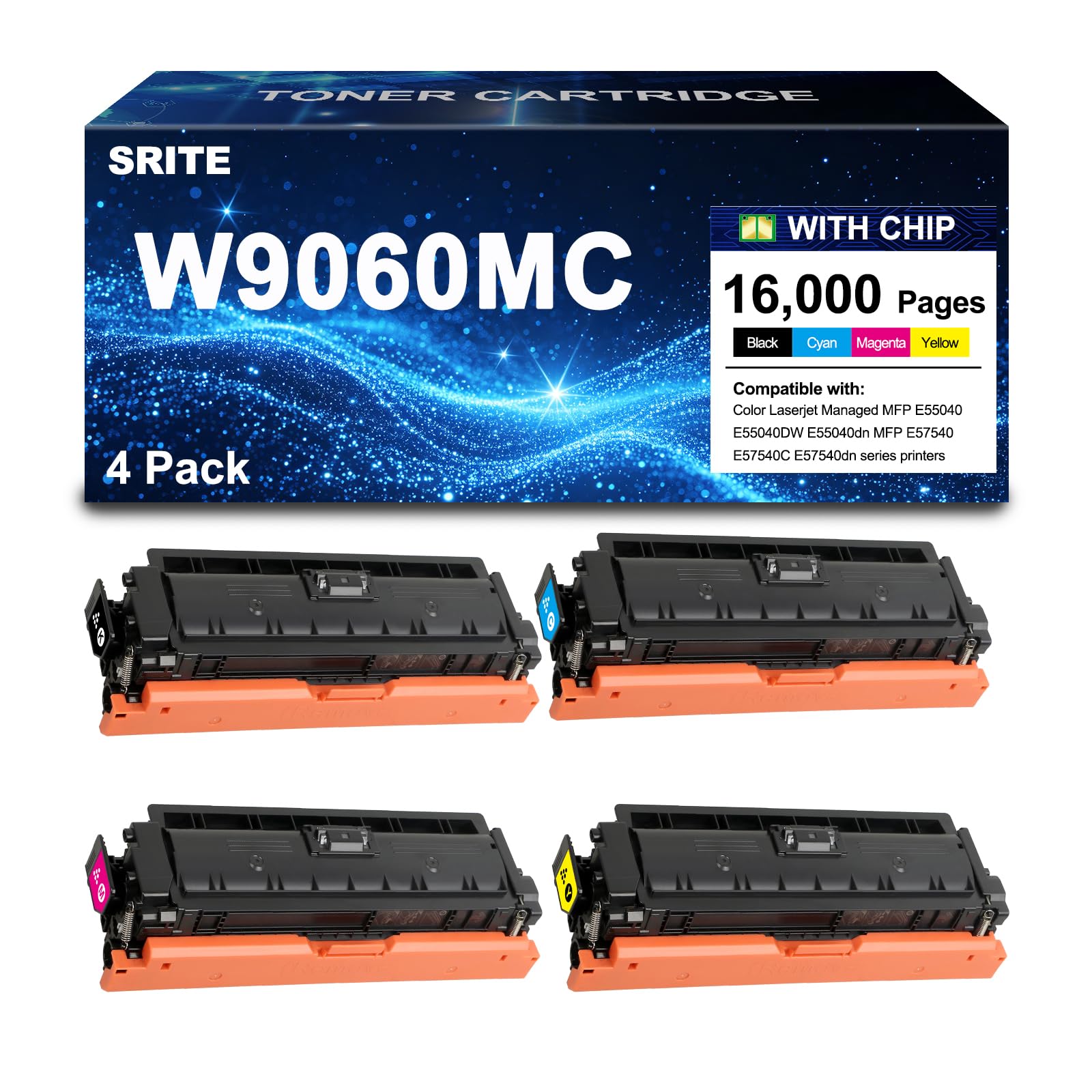 SRITE Compatible W9060MC W9061MC W9062MC W9063MC Toner Cartridge Replacement for HP Color Managed E55040DW E55040dn E57540C E57540dn Printers, 4 Pack Black Cyan Yellow Magenta