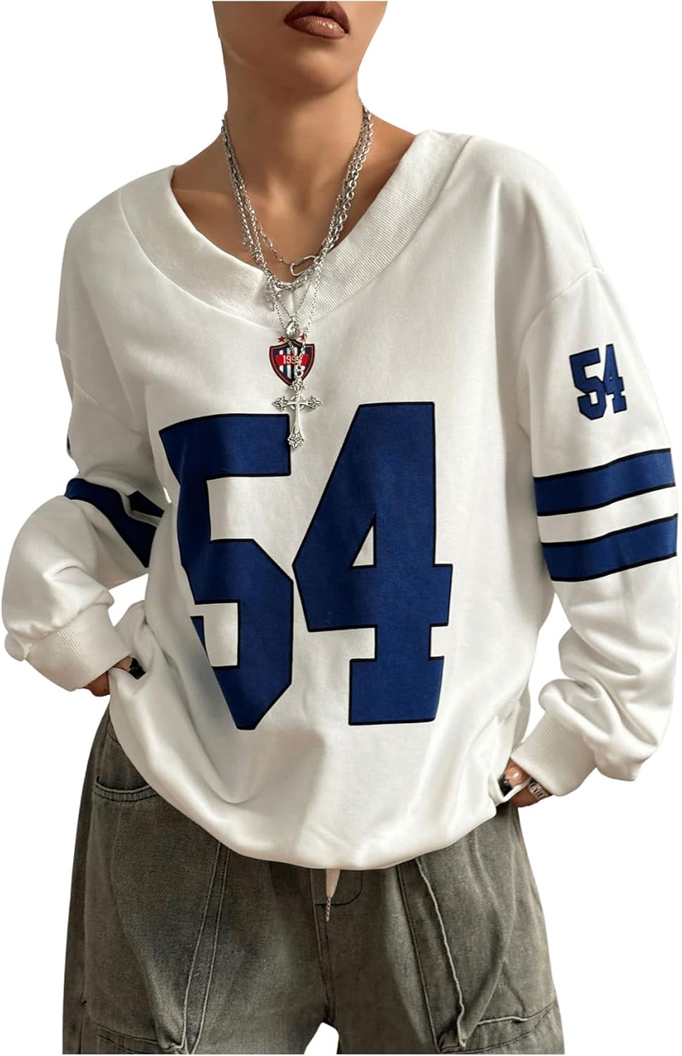 MakeMeChic Women's Number Print Oversized Sweatshirt V Neck