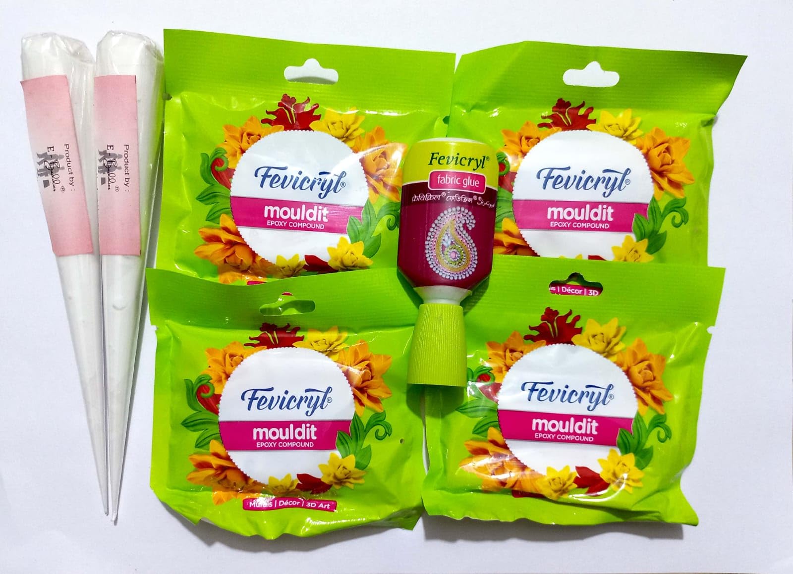 E Shopping 2pc Ceramic Cone, Fevicryl Mould It Clay 4pk of 50gm Each, Fabric Glue 20ml for Clay Modelling, Lippan Art, Madhubani Art for Artists and Beginners