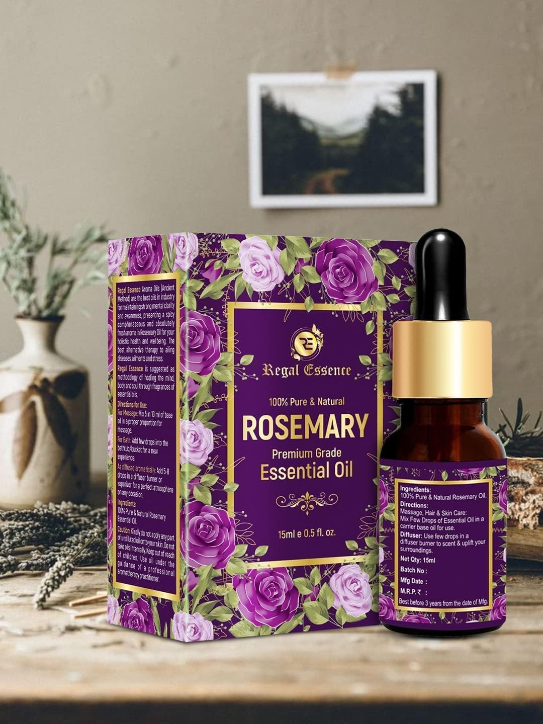 QURA Aceite esencial de romero para el crecimiento del cabello, aceite de romero 100% puro y natural para cabello, piel y cuerpo, 15 ml