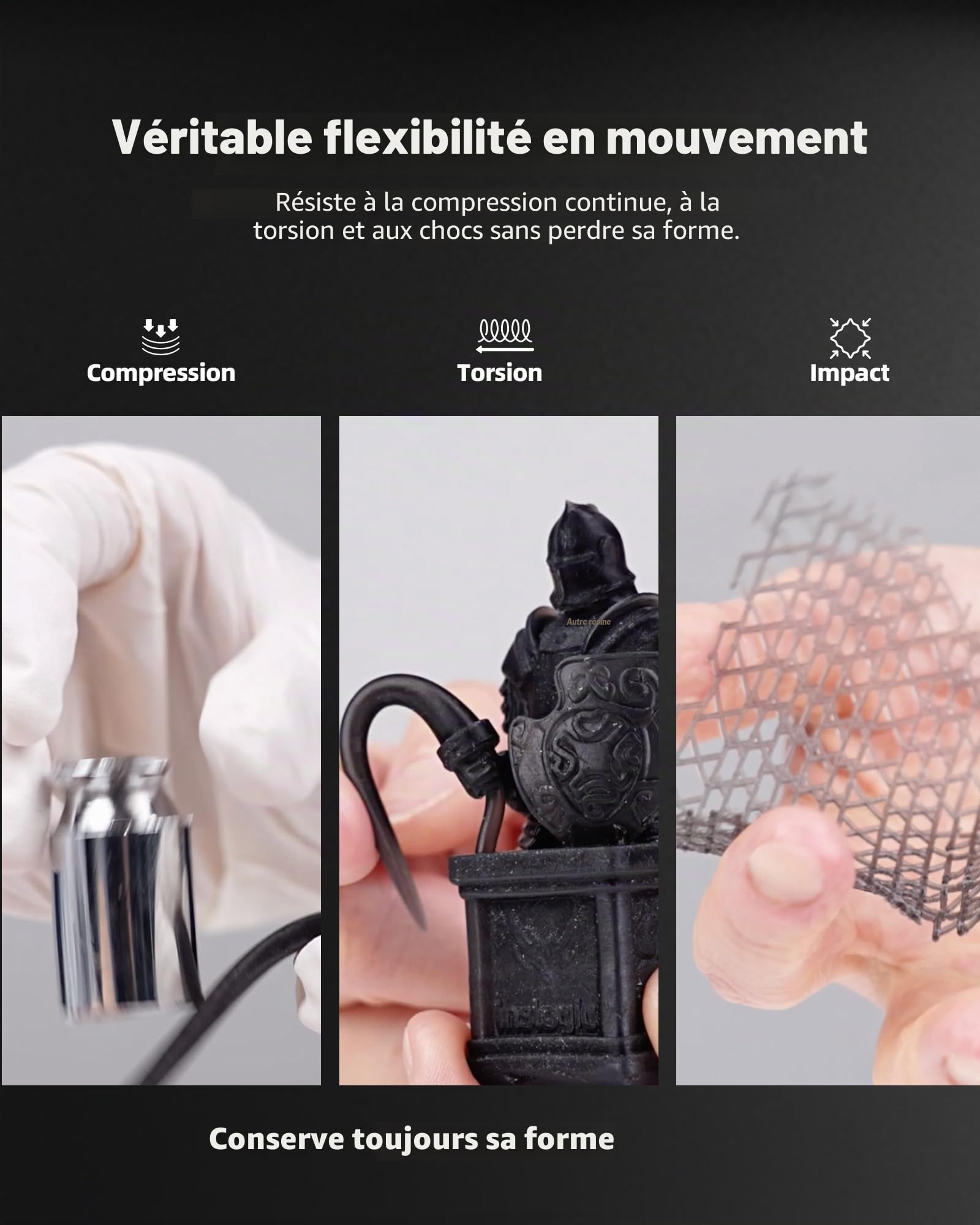 Inslogic Résine 3D flexible 70A Résine souple & non cassante pour objets flexibles, durcissement UV rapide 405 nm, 1kg Noir
