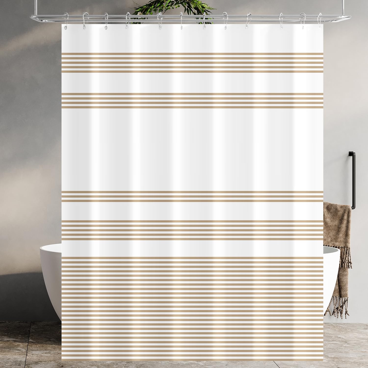 Tenda da doccia con anelli in metallo 180x200 cm, motivo a righe beige, fondo pesante antimuffa, in tessuto impermeabile, lavabile, set di tende da bagno in poliestere con occhielli per bagno, vasca