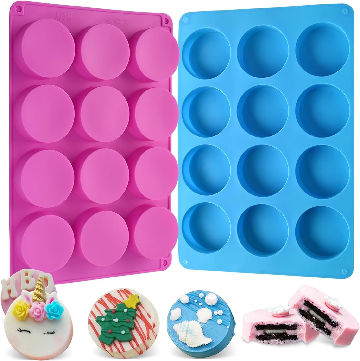 12 Slot Round Chocolate Cookie Molds, Cylinder Silicone Mold, Perfect for Chocolate Covered Oreos, Cake, Candy, Pudding, Mini Soap