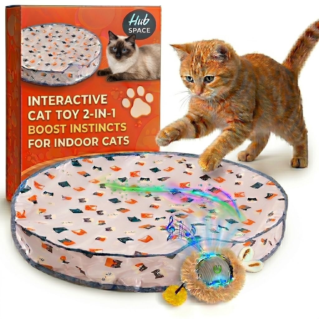 Hubspace Interactive Cat Toys for Indoor Cats Adult - 2-in-1 Hide and Seek Play Mat with Moving Ball, Crinkle Peek Pouch, Daily Automatic Cat Enrichment for Kittens & Adult Cats, Blue