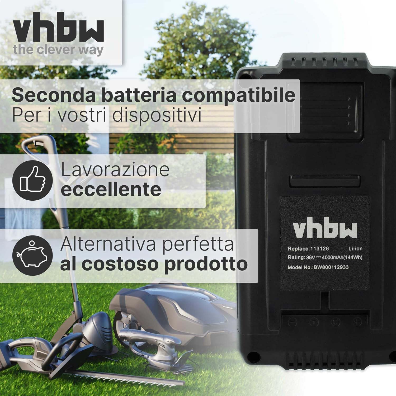 vhbw batteria sostituisce AL-KO 113124, 113126, 113280, 9113280, B150, B200 per tagliaerba, robot tagliaerba (4000mAh, 36V, Li-Ion)