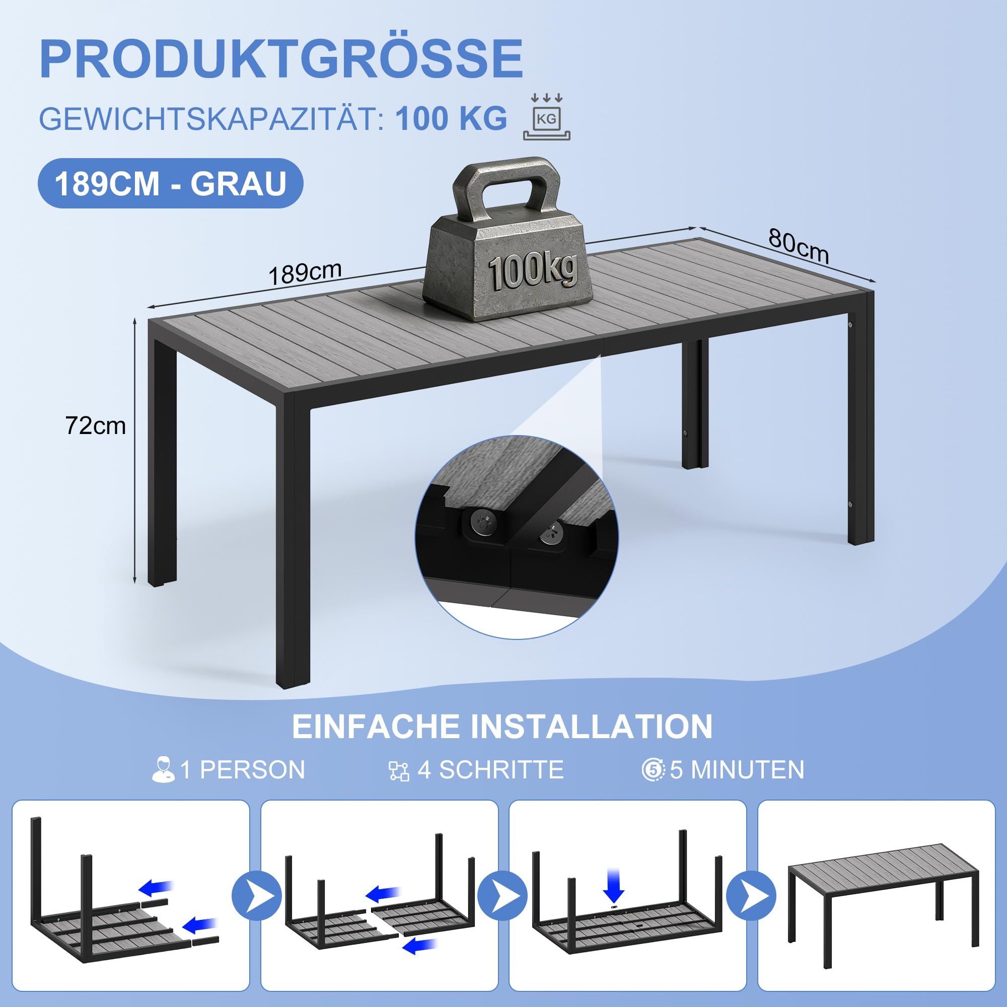 Devoko HDPS wetterfester Gartentisch, 189 x 80 x 74 cm Aluminium-Tisch für den Außenbereich mit Holzmaserung, pflegeleicht, Esstisch für 6 bis 10 Personen (grau)