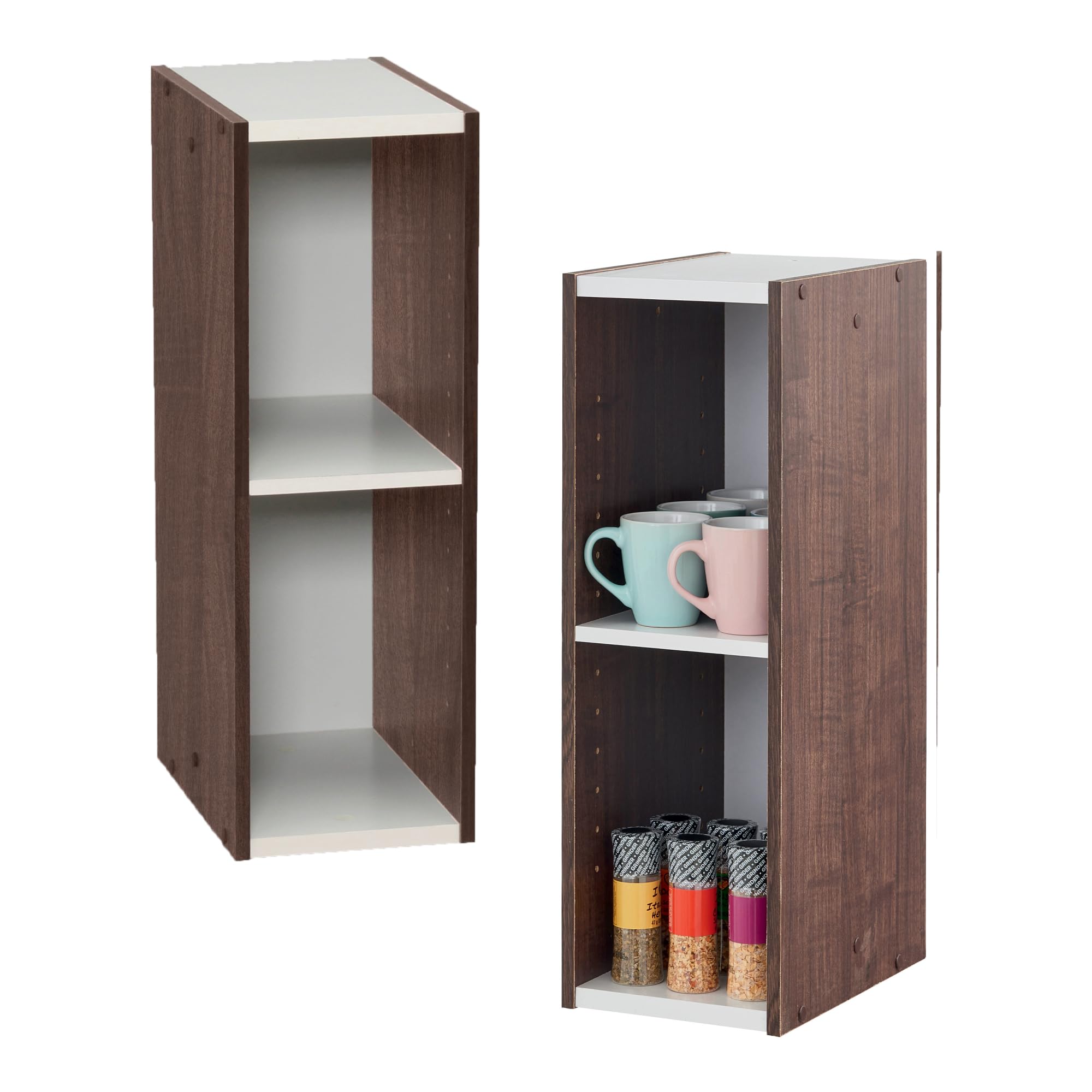Iris Ohyama, Bibliotheque Gain de Place, Etroite 2 Etageres, Lot de 2, Marron, Réglable, Modulable, pour Salon, Bureau, Chambre, Livres, CD, Petit Meuble de Rangement, Montage Facile, UB-​6020