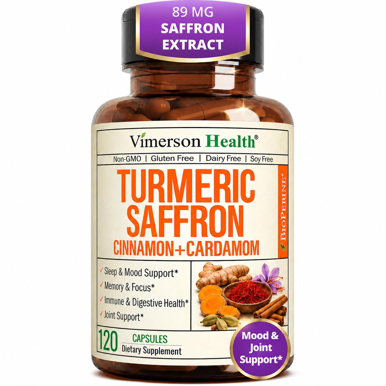 Saffron Supplements Saffron Extract 89mg + 1000mg Turmeric Curcumin 120Ct 120 Count (Pack of 1)