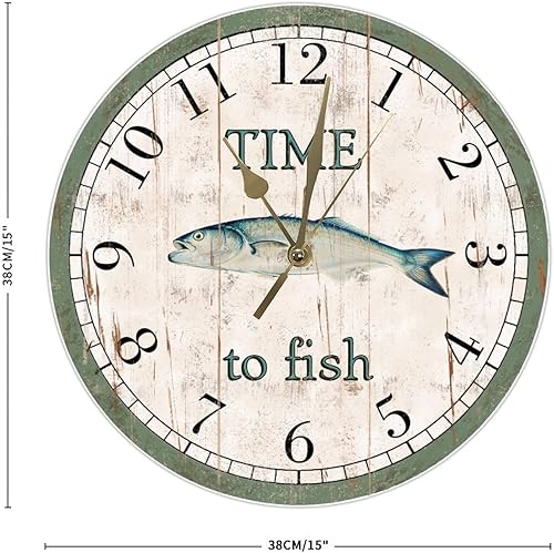 Miniatura 2 de Time to Fish - Reloj de pared de madera para colgar en espadín, océano, mar, silencioso, sin tictac, funciona con pilas, 15 pulgadas, impresión de
