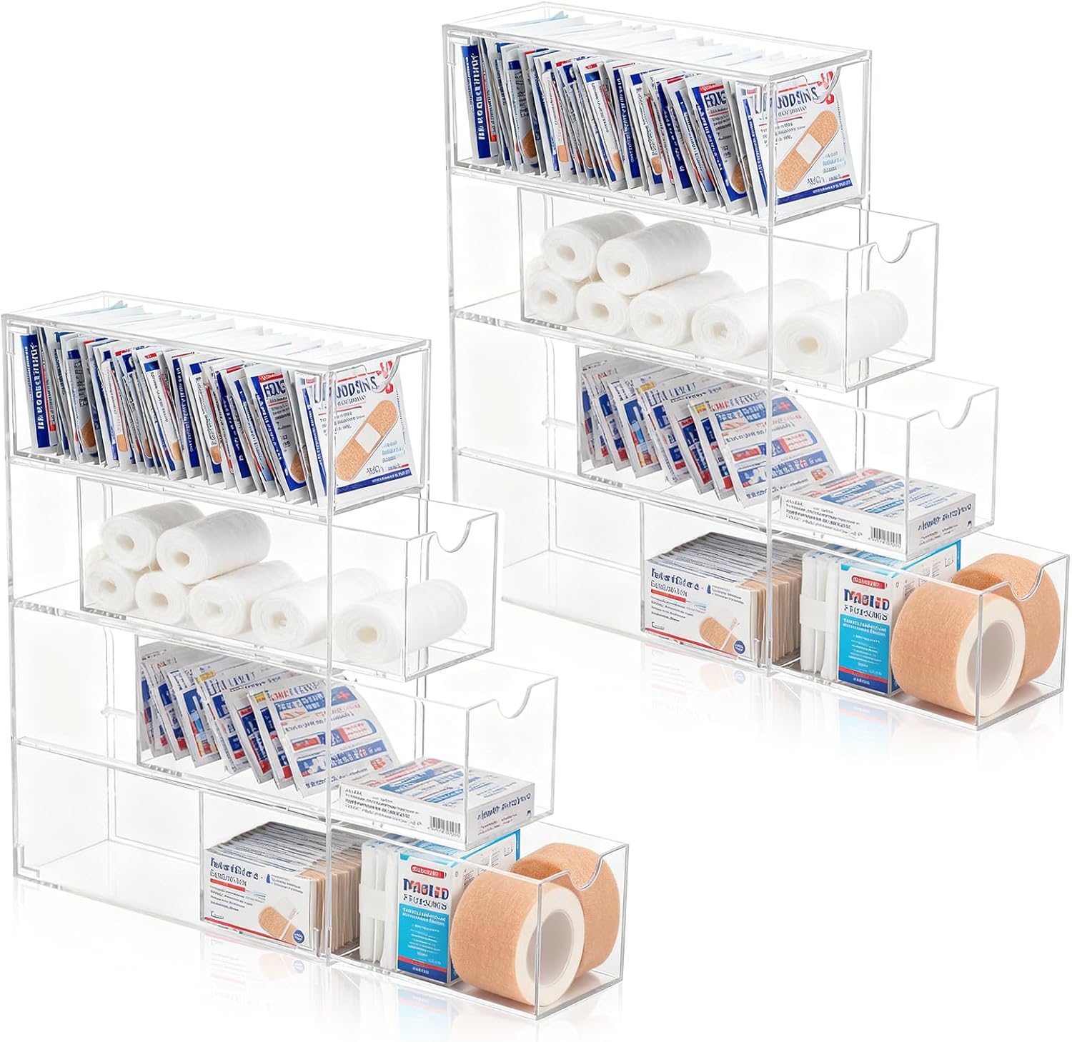 2 PCS Large Bandage Storage Organizer with Lid Acrylic Bandaid Storage Container with 8 Clear Drawers for Home Medicine Cabinet Office School Use Bandages Organizers for Elastic Bandage Wrap Swabs