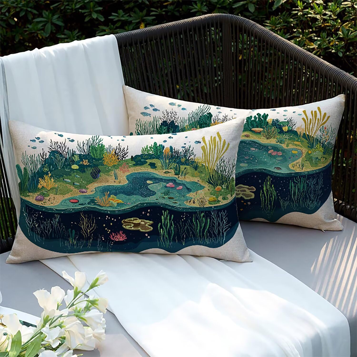 Taie d'oreiller extérieure imperméable corail 75x50cm en lin double face