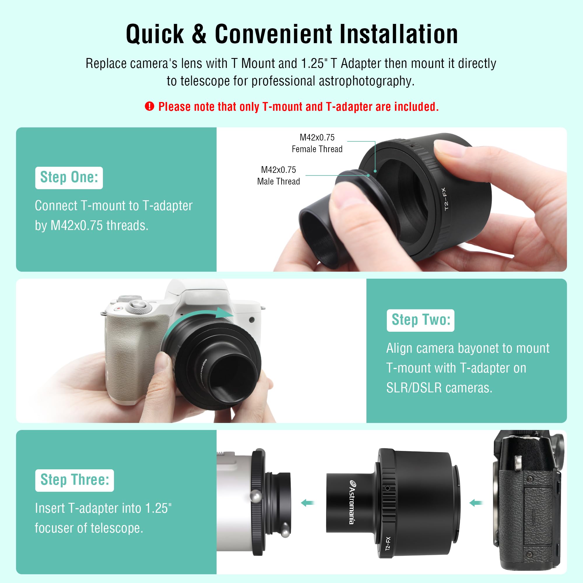 Astromania Adattatore da obiettivo T T2 a Fuji FX e adattatore telescopio da M42 a 1,25" (attacco a T) – vite universale per X-T1 X-A1 X-E2 X-M1 X-E1 X-PRO1