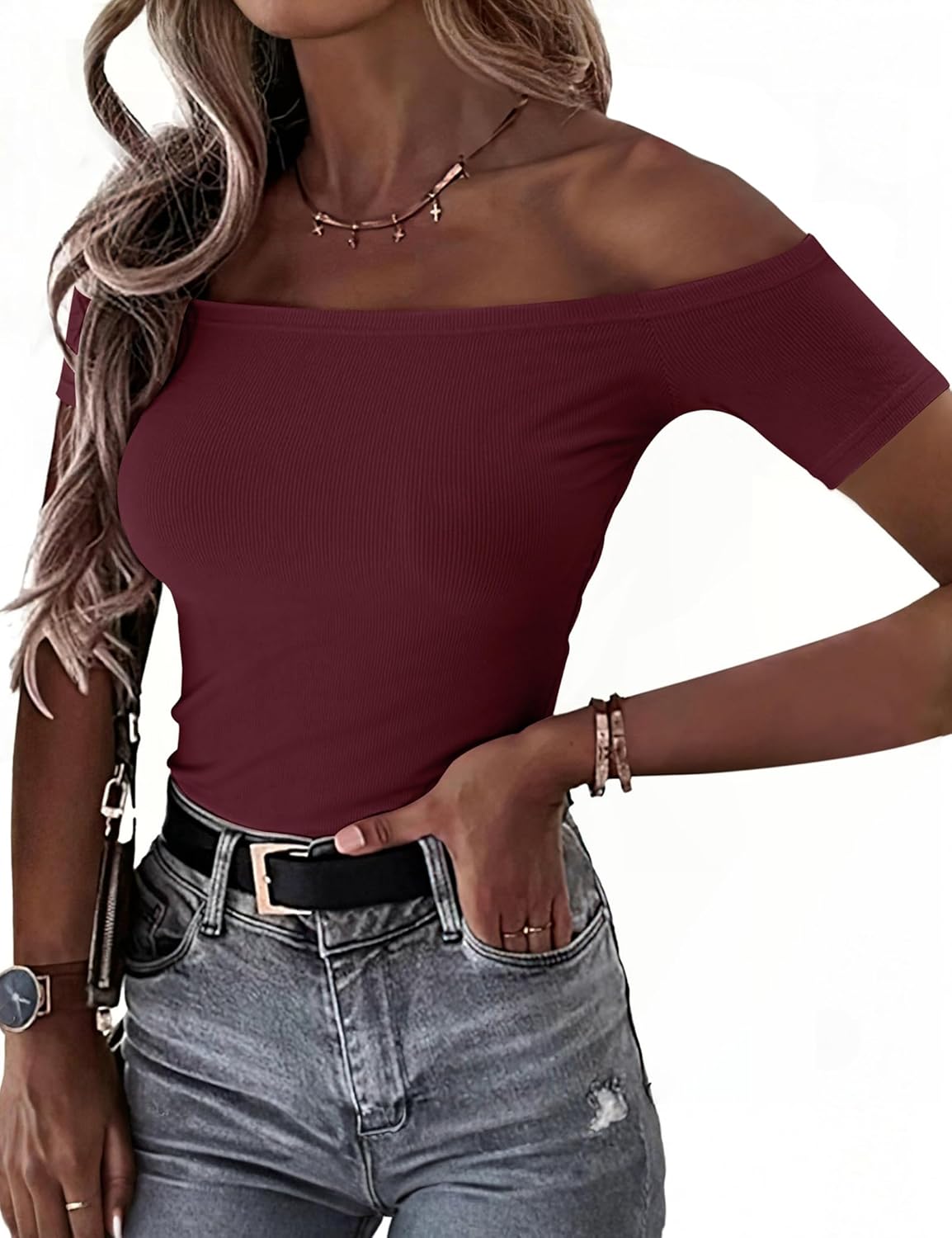 OwnTime Sexy Off The Shoulder Tops for Women Summer Short Sleeve Shirts Ribbed Slim Fitted Trendy Going Out Tops Blouses - Image 2