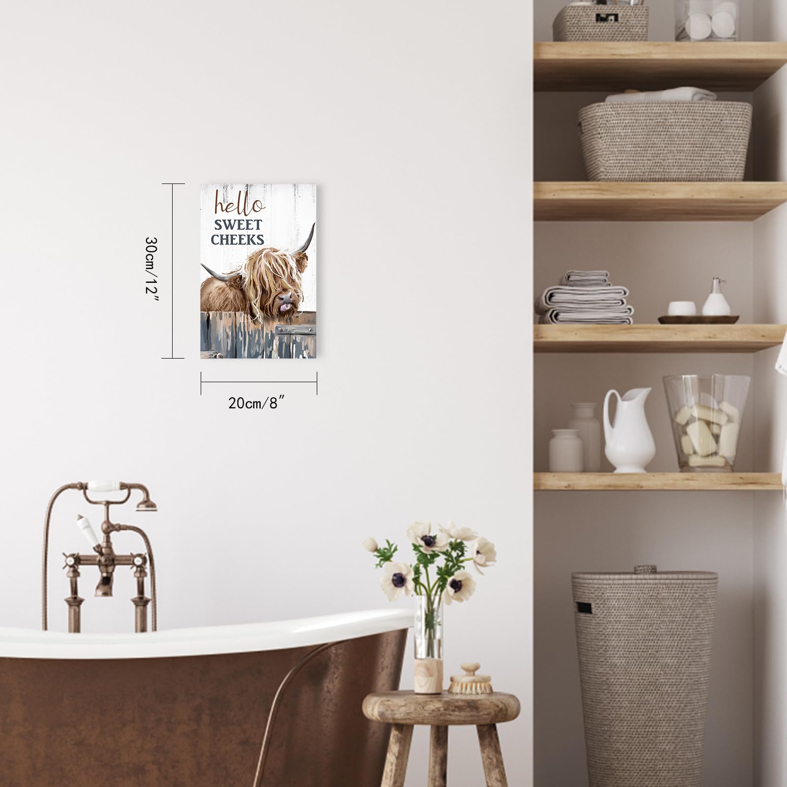 Divertente cartello per il bagno con mucca delle Highland, vintage, in metallo, decorazione per il bagno