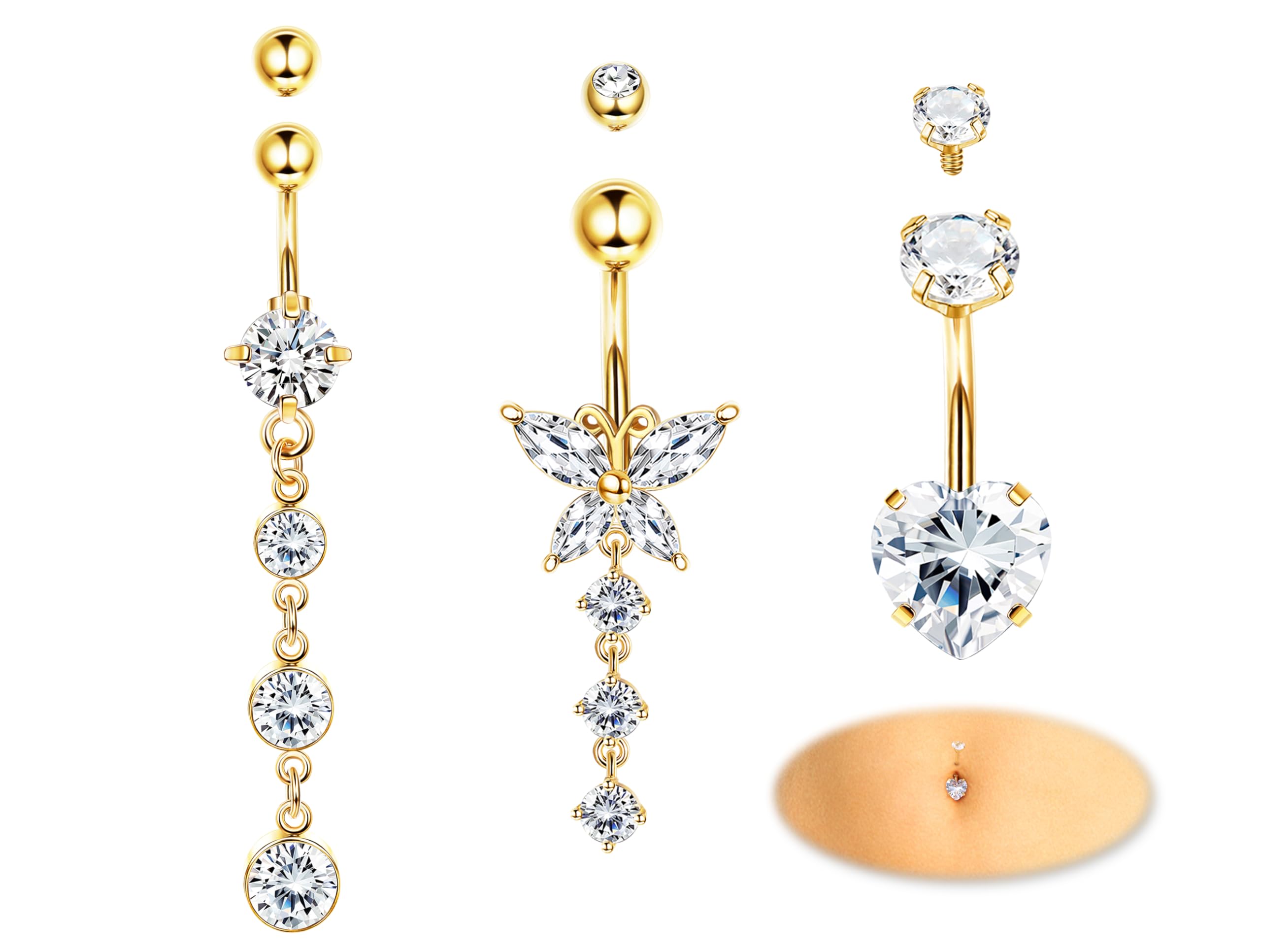 Diamday3pcs Barras de ombligo 14g Piercing ombligo chapado en oro/plata Barras ombligo para las mujeres de acero quirúrgico vientre Bar Corazón Mariposa Dangle