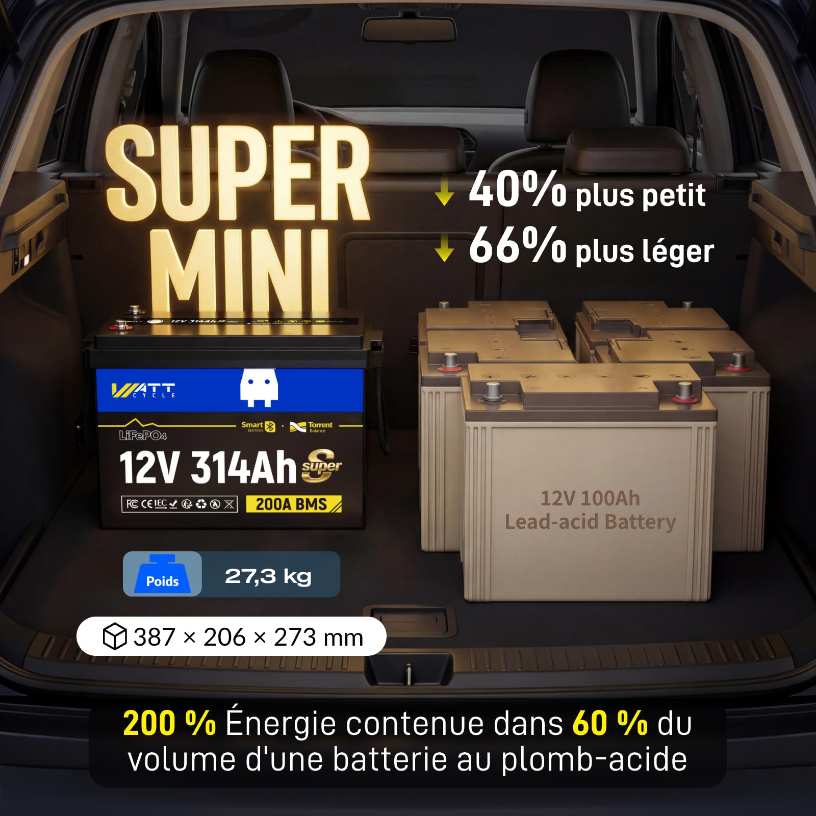 Batterie Lithium 12V 314Ah LiFePO4 Bluetooth avec Protection de 200A BMS