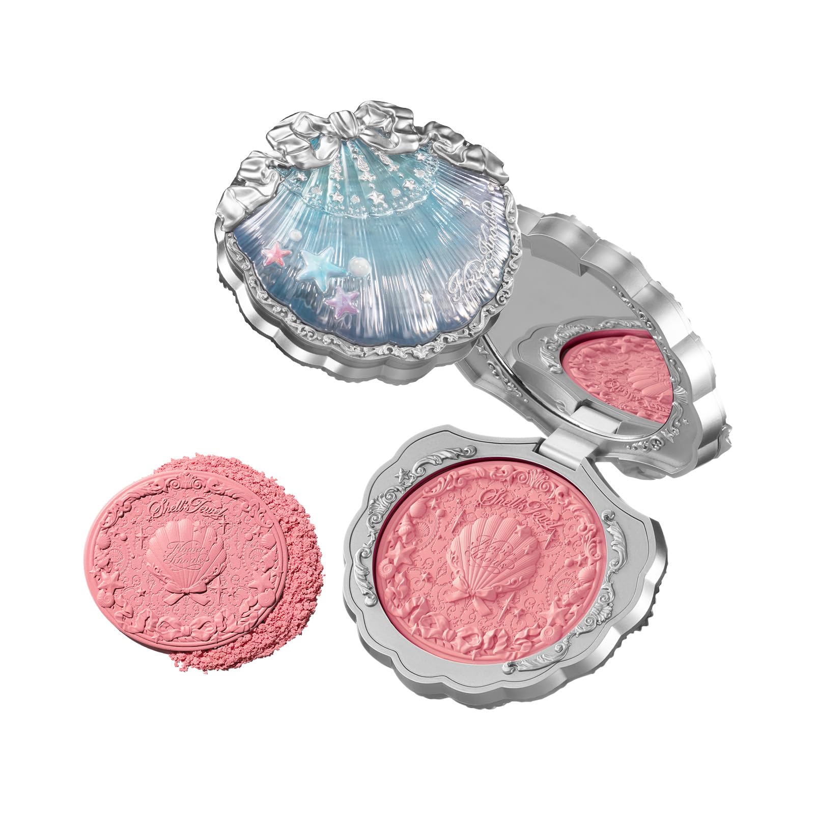 Flower Knows Shell's Jewel Silk Satin Embossed Blush, Berry Milk, Cool Pastel Berry Pink for Doll-Like Flush, Illuminating Shimmer, Vitamin E Hydrating Silky Powder Blush (03 Coral Seashell, 5g) 03 Coral Seashell 5g