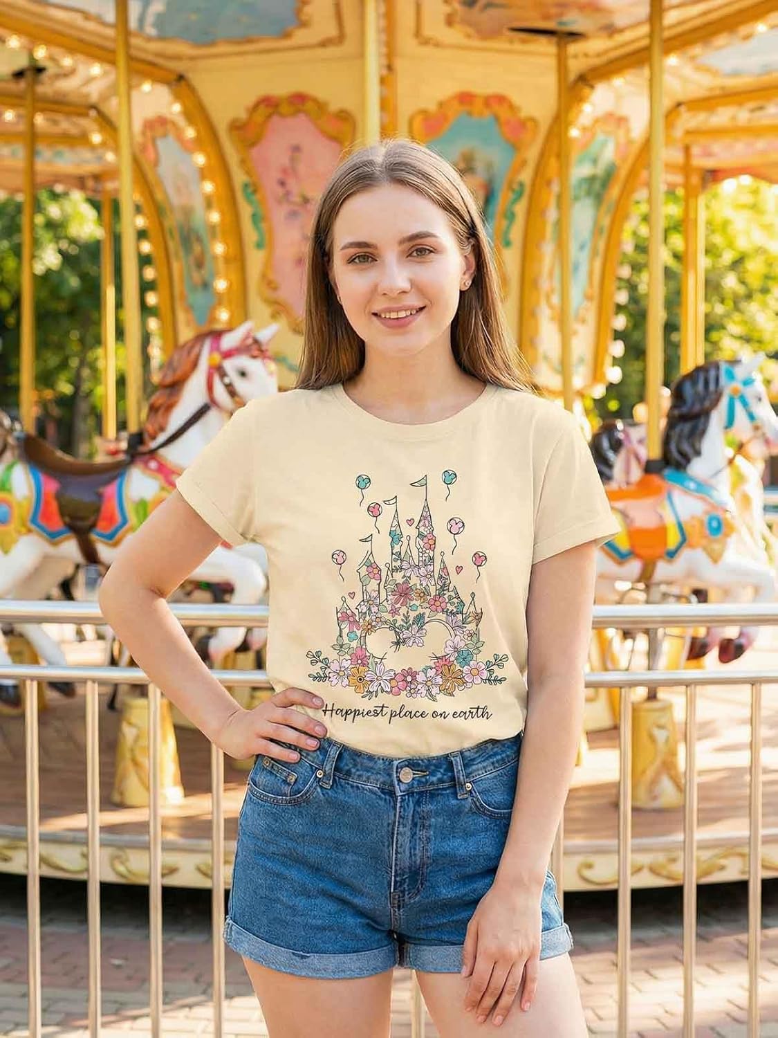 Magical Shirt for Women Happiest Place On Earth T-Shirt Balloon Flower Graphic Short Sleeve Tops Holiday Tee - Image 4