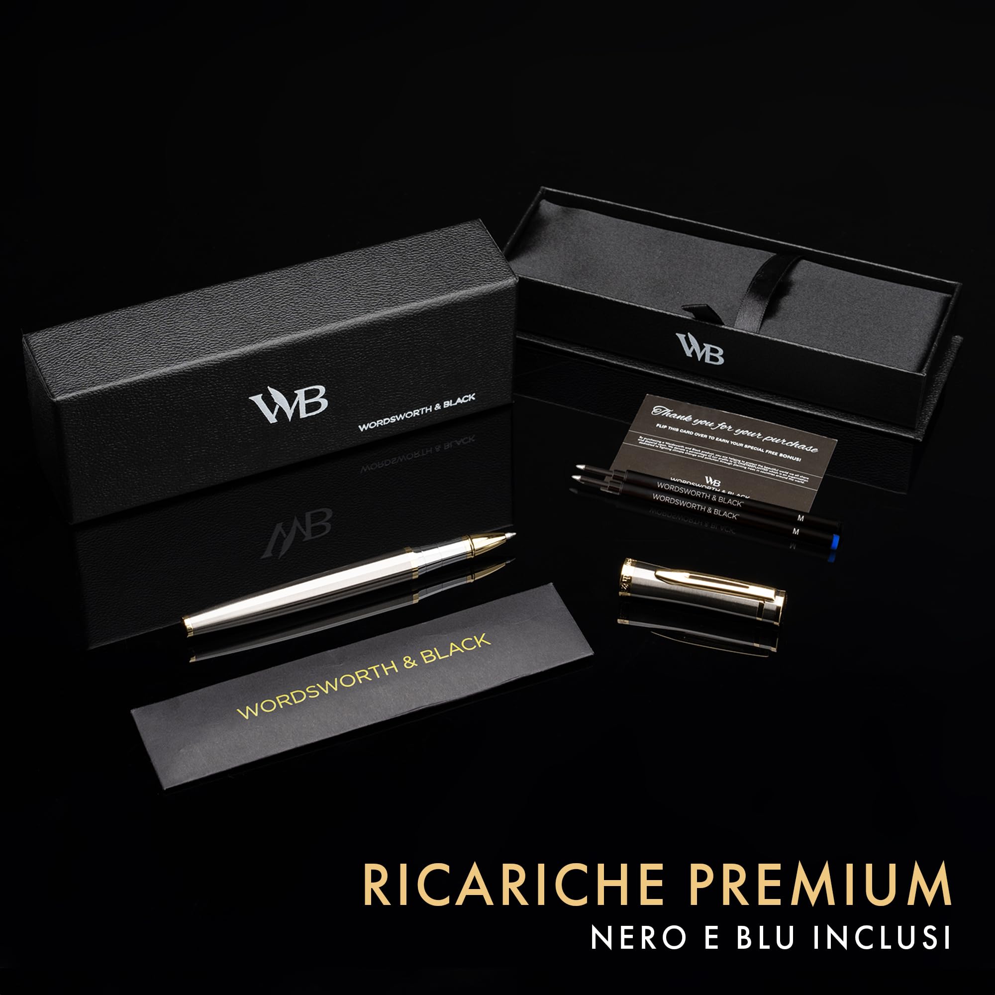 Wordsworth & Black Rollerball Pen - Penna di Lusso - Finitura Oro 24K, Lacca Argento, Ricarica di Inchiostro, Ricaricabile, Regalo per Uomini & Donne, Scrittura Professionale, Belle Penne Eleganti