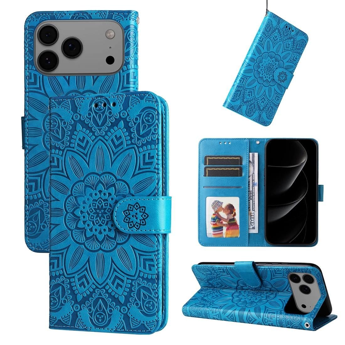 Étui iPhone 17 Pro bleu à rabat cuir tournesol gaufré - 6