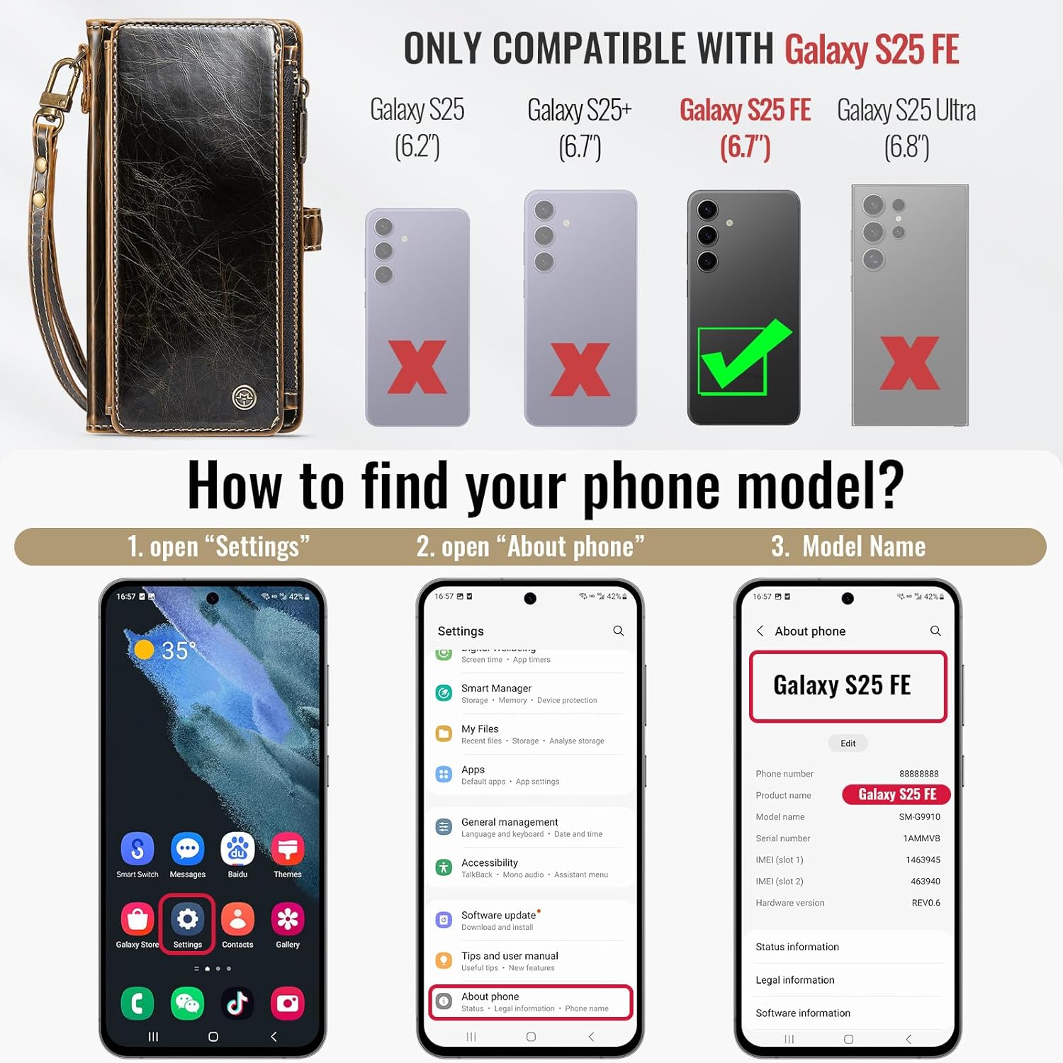 Defencase for Samsung Galaxy S25 FE Case Wallet with RFID Blocking Card Holder for Women and Men, PU Leather Magnetic Snap Flip Zipper Strap Wallet Phone Case for Galaxy S25 FE 5G 6.7", Coffee - Image 2