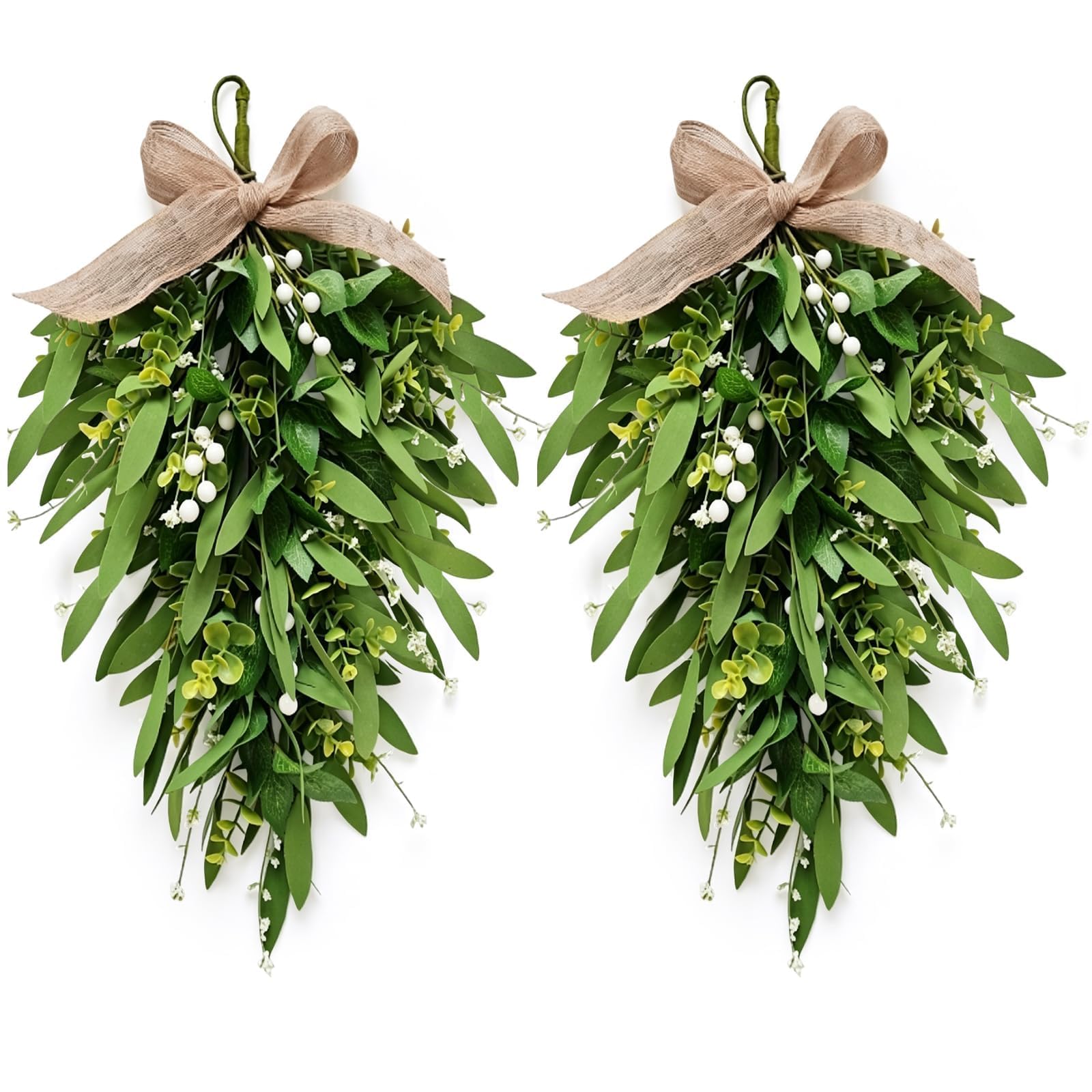 Photo 1 of 2 PCS 24'' Summer Greenery Swags for Front Door Artificial Green Eucalyptus Teardrop Swags with Olive Leaves Mixed Berry Hanging Swag for Farmhouse Wedding Kitchen Cabinet Home Outdoor Decor
