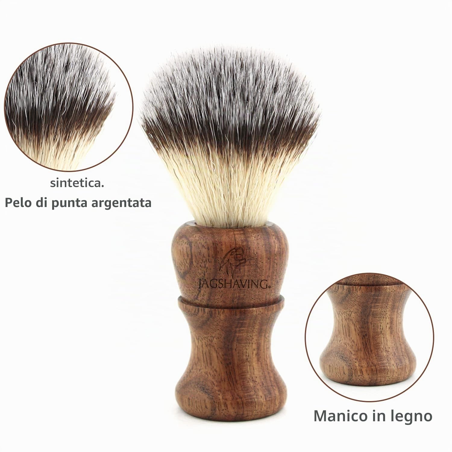 Jag Shaving - Set da barba sostenibile, 3 pezzi, in legno, pennello da barba con setole sintetiche, rasoio con lametta a doppio filo da donna e da uomo, piedistallo
