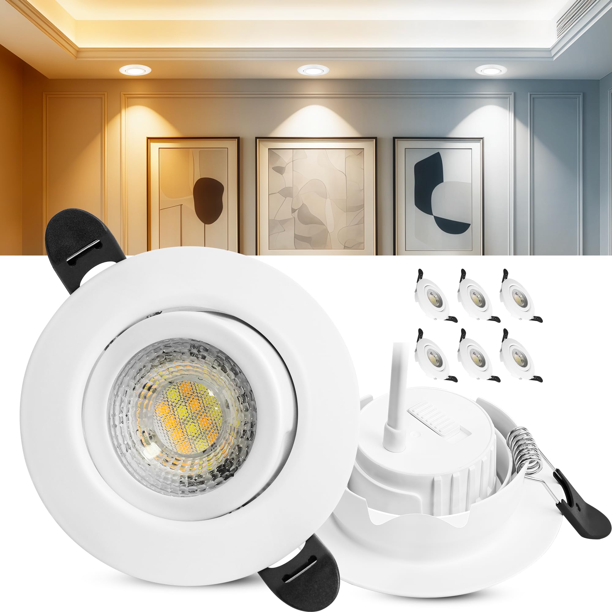 Laiebri LED Einbaustrahler 230V Dimmbar, 6W IP44 LED Spots, 68mm Deckenspots 38° Schwenkbar 3000K/4000K/6000k für Badezimmer Küche Wohnzimmer Einbauspots Flach Einbauleuchten, Weiß, 6er Set