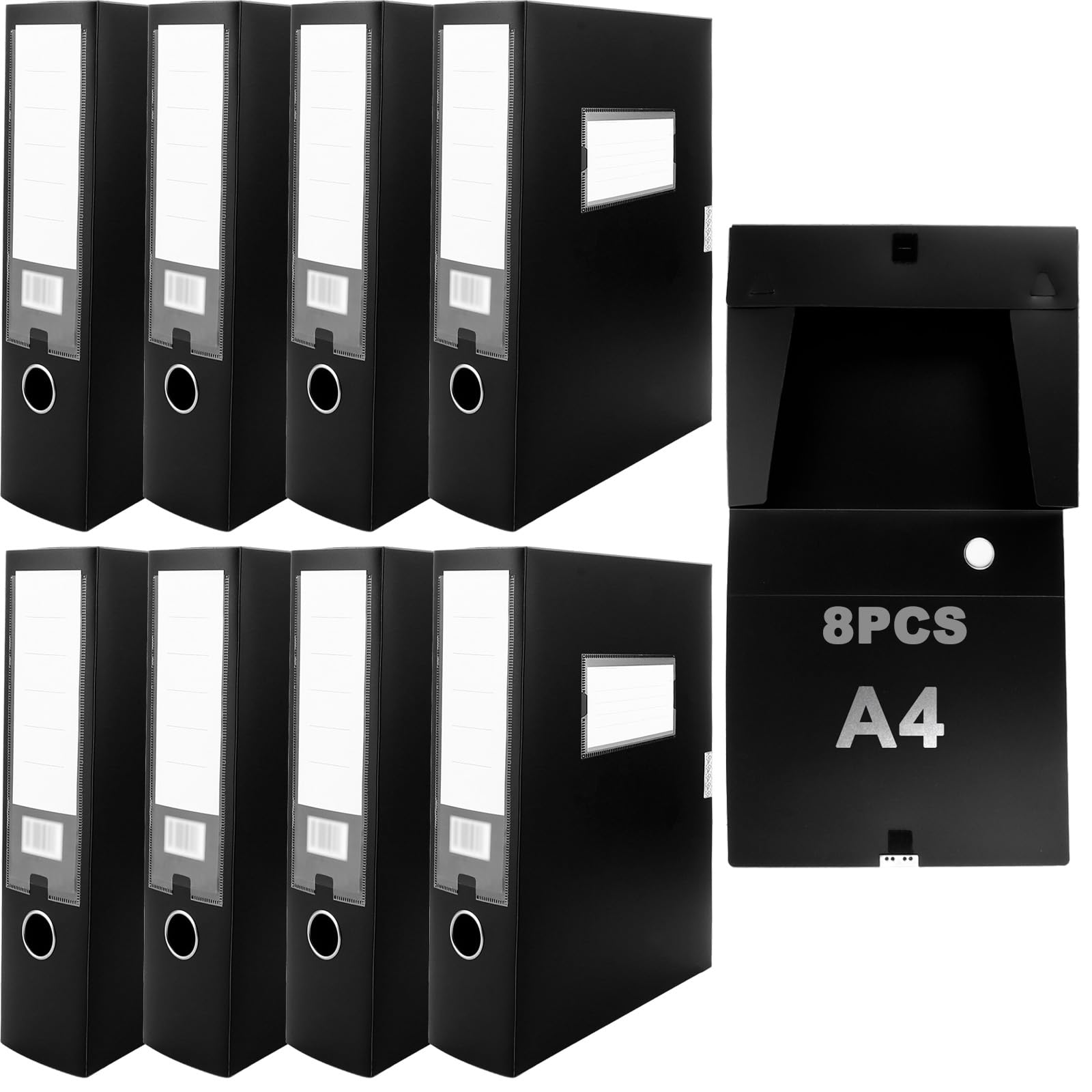 WOPPLXY Lot de 8 Boite Archive, 31 x 23,5 x 7,5 cm Boite Archive Plastique Noir, Boite de Classement A4 pour le Bureau, la Maison, l'École (Dos de 75 mm)