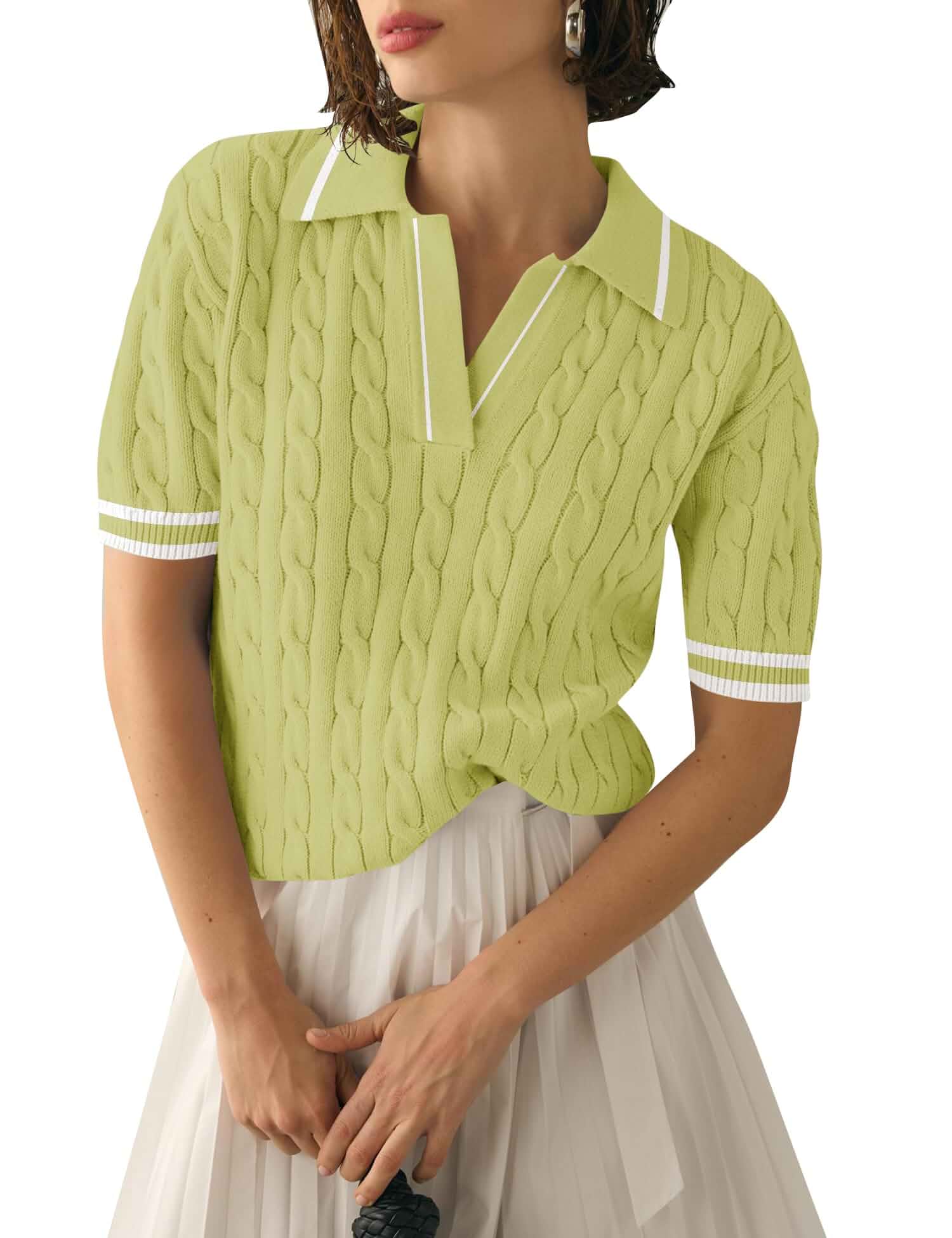 Micoson Womens Short Sleeve Sweater Tops Lapel V Neck Polo Shirts 2026 Summer Cable Knit Loose Blouses, Business Casual Outfits