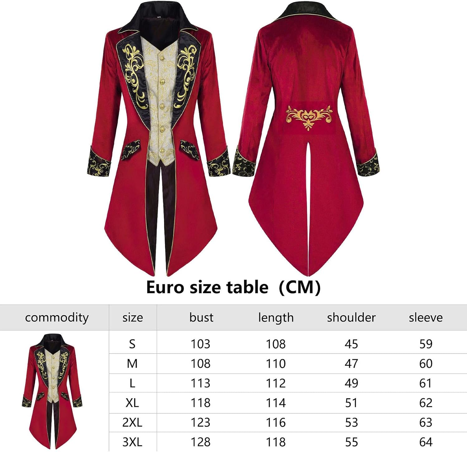 jakloz Herenjas, middeleeuwse steampunk jas, gotische rokjas, Renaissance retro Victoriaanse geborduurde jas, Halloween piraat vampier cosplay-kostuums voor heren (Rood, S