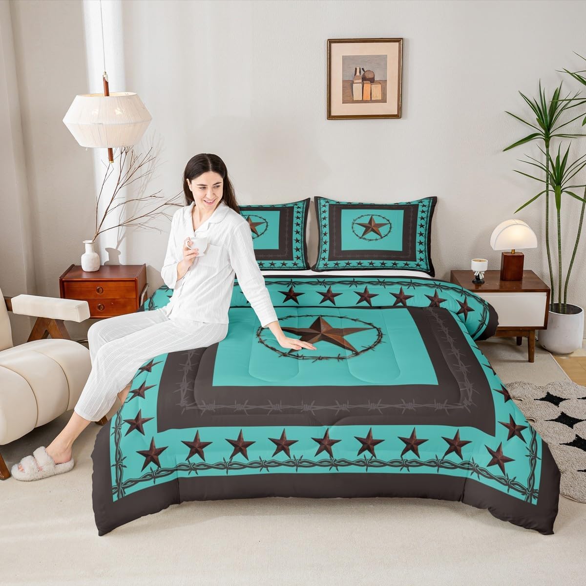 Western Texas Star Kids Comforter Set Queen Size,Cowboy Rustic Farmhouse Tribal Bedding Set,Boys Girls Adults Bedroom Decor,Geometric Patchwork Down Comforter,Brown Retro Duvet Insert,2 Pillowcases