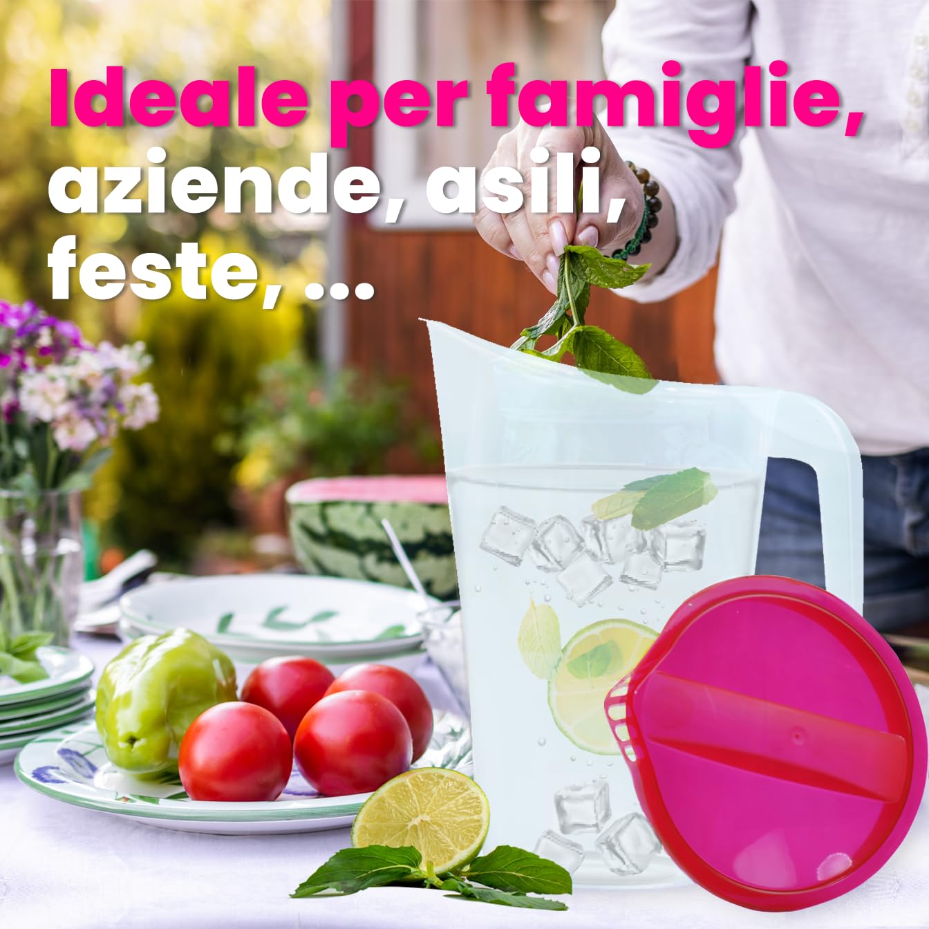 Home Line brocca per succo 1,75 L – Bricco per acqua con coperchio fisso – Bricco per bevande con antigoccia esterno – Caraffa per acqua per frigorifero – Dispenser di succo. 6er Set (Blau, Grün, Rot)