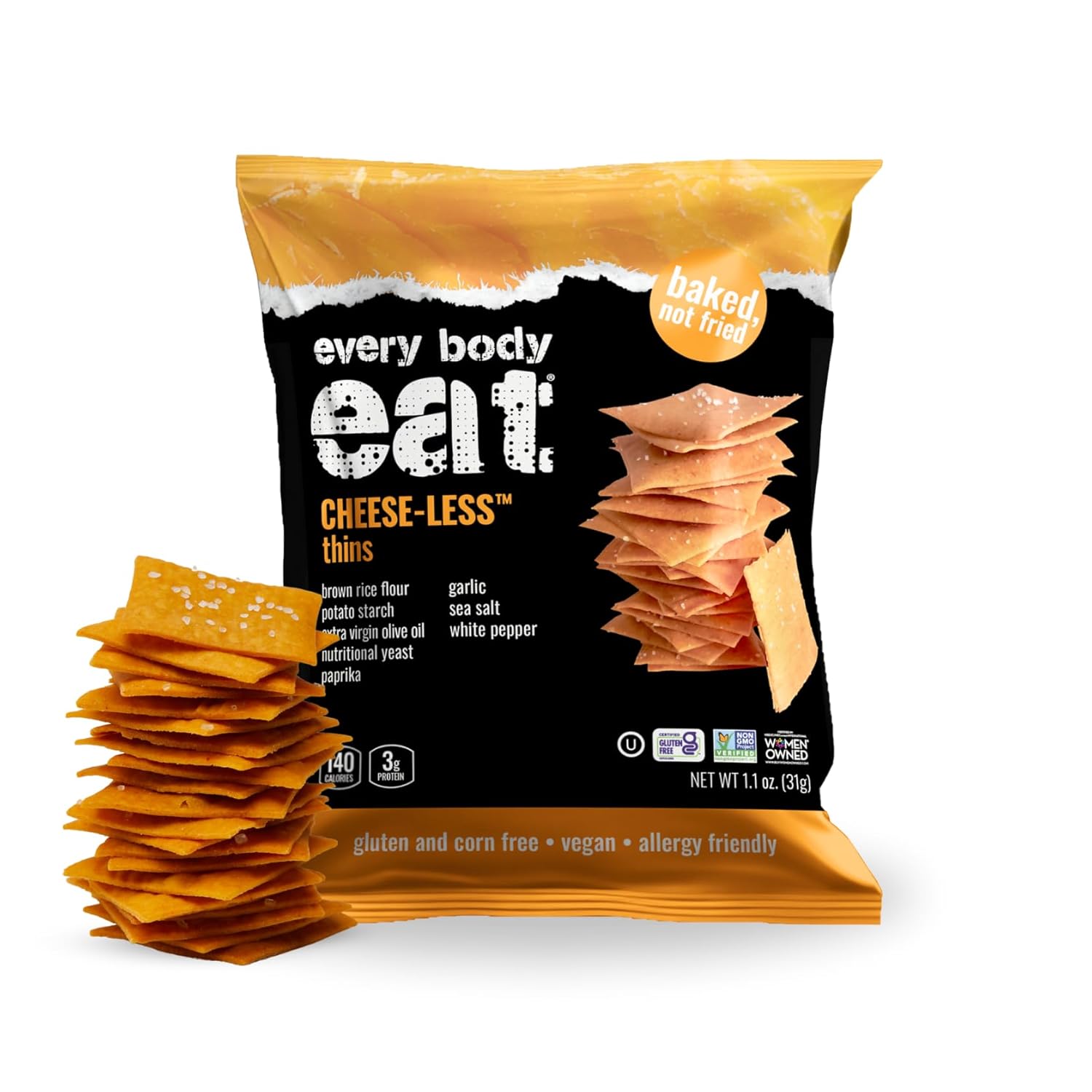 Every Body Eat Snack Thins Cheese-Less - Galletas sin gluten, veganas (20 unidades)