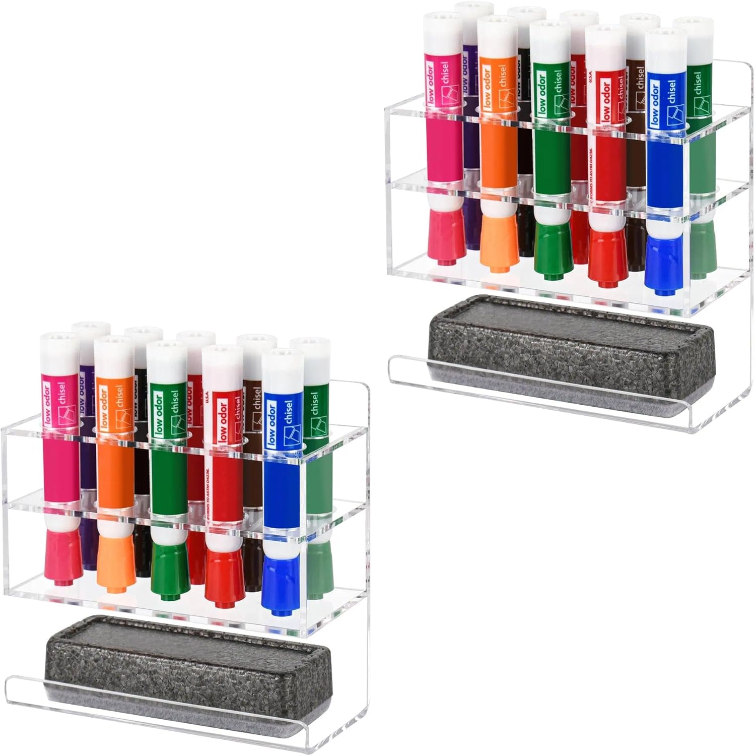 Dry Erase Marker Holder, 2 PCS Wall Mounted Acrylic Marker Holder with 10 Slots, Sticky Pen Storage for Classroom Organization, Office, Whiteboard, Desk Locker Accessories, Clear