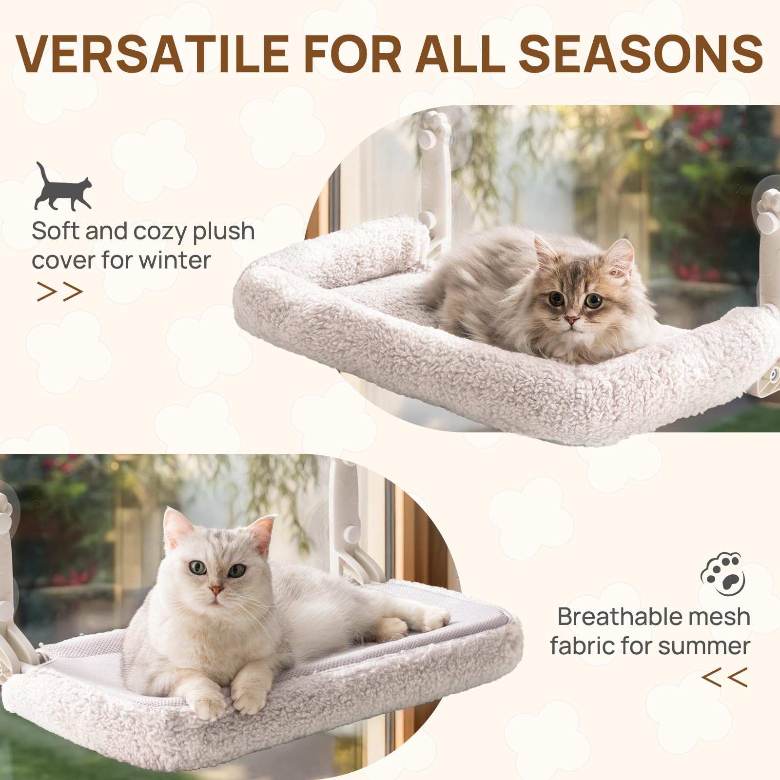 Amaca per finestra per gatti da interni, pieghevole, con tappetino reversibile, con forti ventose robuste (2 pezzi beige, M)