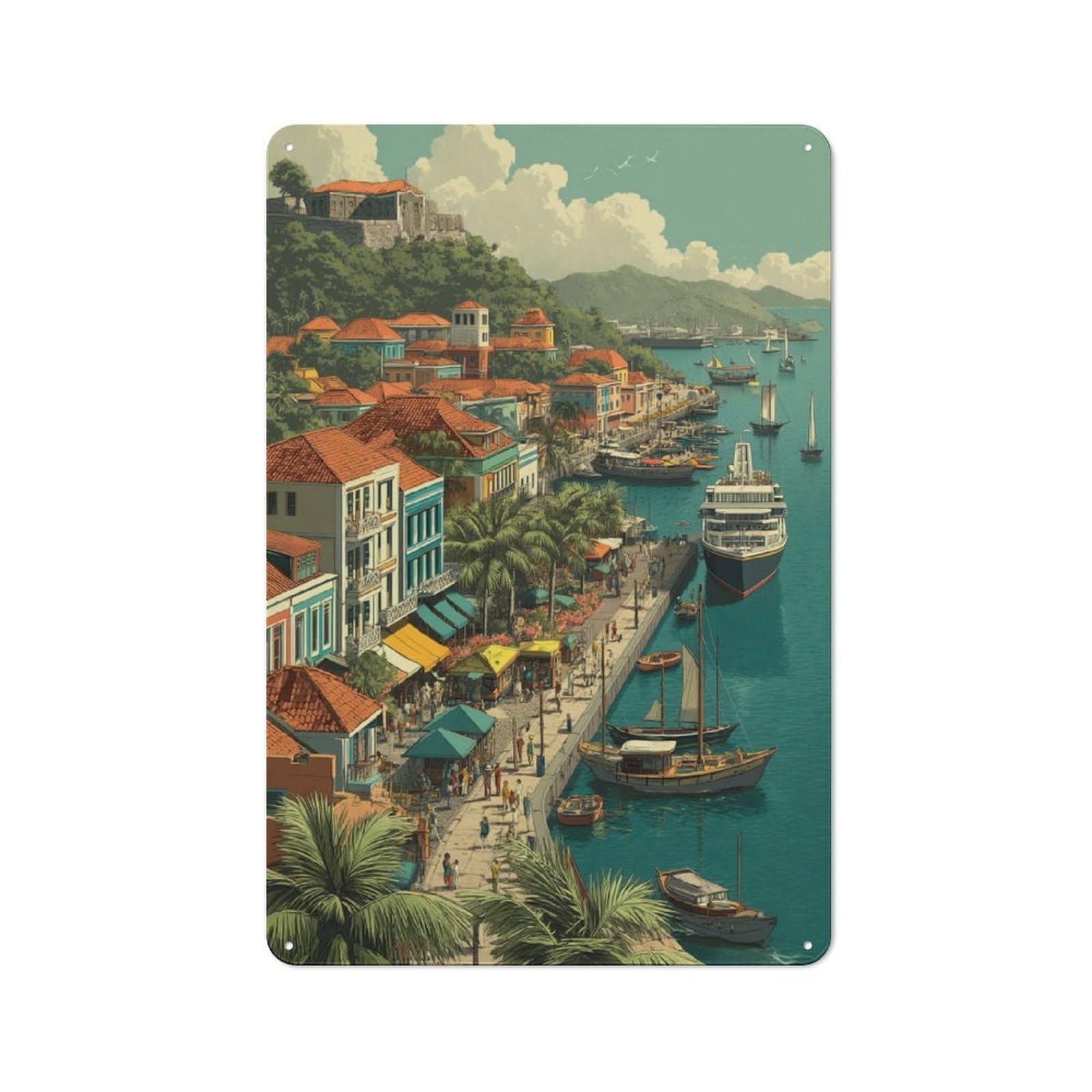 Junmoney Harbor Life A Vibrant Coastal Scene 30X20cm Retro Tin Sign With For Kitchen Or Home Bar, A Decorative Gift For A Newly Furnished Kitchen And Home Bar